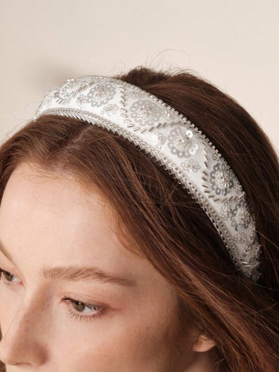 White Sequin Beaded Floral Headband main image 7